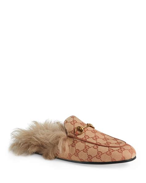 Gucci Princetown Fur Lined Gg Mule Loafers In Brown Lyst