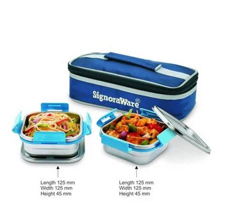 Signoraware Midday Squarex Steel Lunch Box With 100 Steel Lids And Bag