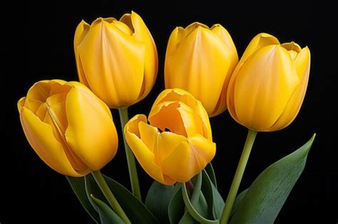 Vier Gelbe Tulpen In Einer Vase Auf Schwarzem Hintergrund Premium Vektor