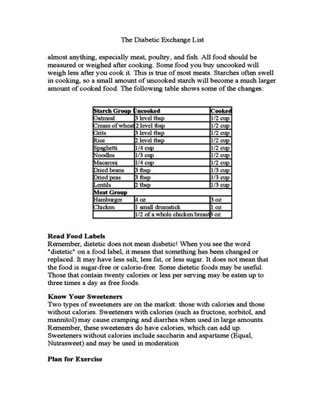 Printable Diabetic Exchange Chart