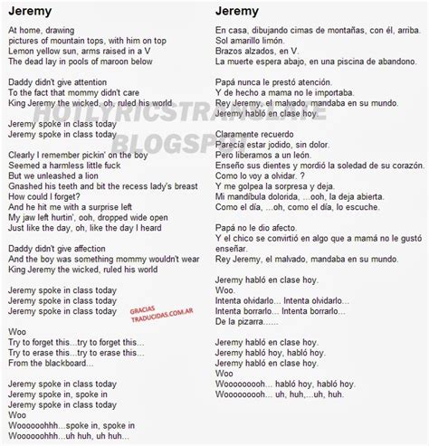 Top Lyrics Translated Canciones Top Traducidas Pearl Jam Jeremy 1992