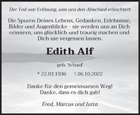 Traueranzeigen Von Edith Alf Saarbruecker Zeitung Trauer De