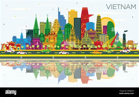 Vietnam City Skyline With Color Buildings Blue Sky And Reflections