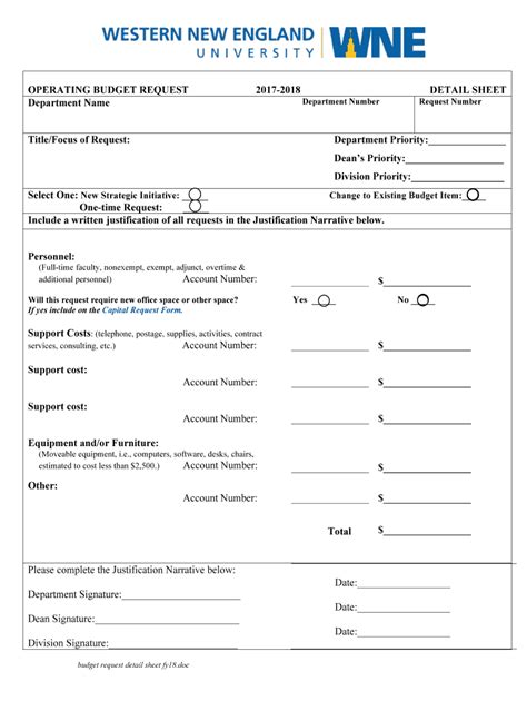 Fillable Online Wne Budget Request Detail Sheet Fy Doc Fax Email