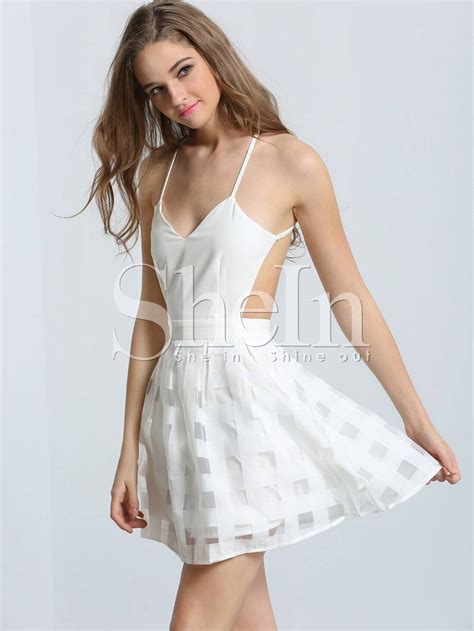 White Spaghetti Strap Backless Flare Dress Shein Sheinside