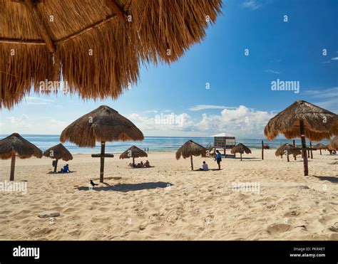 Palm Leaf Umbrella On The Caribbean Beach Playa Delfines Cancun