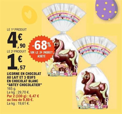 Promo LICORNE EN CHOCOLAT AU LAIT ET 3 ŒUFS EN CHOCOLAT BLANC ABTEY