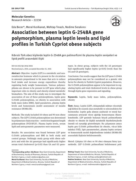 Pdf Association Of Leptin Receptor Gene Q223r Polymorphism On Lipid