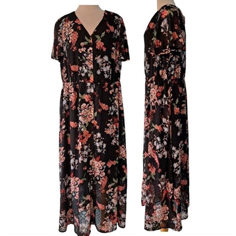 Unbrnd Lane Bryant Floral Print Button Down Swiss Dot Maxi Dress Bl