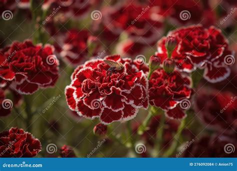 Closeup Of Red Carnations In The Garden Generative Ai Stock