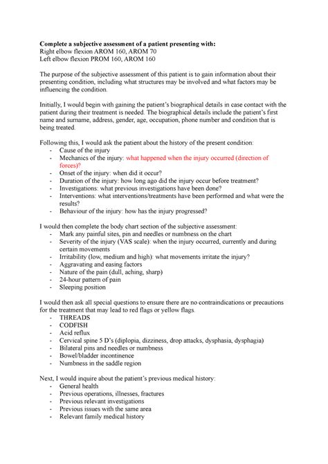 Subjective And Objective Assessment Sa Questions Complete A Subjective Assessment Of A Patient