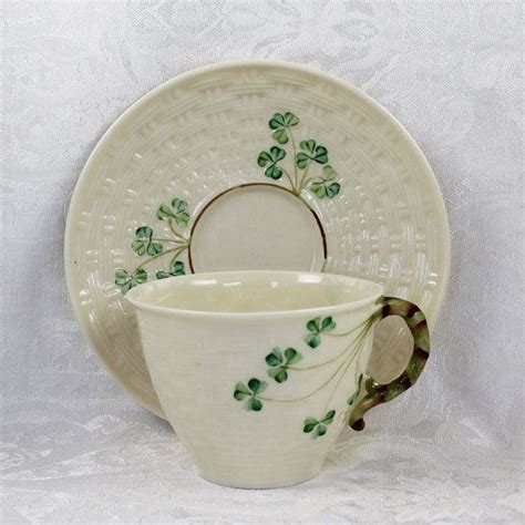 Belleek Irish China Basketweave Shamrock Pattern Tea Cup And Saucer