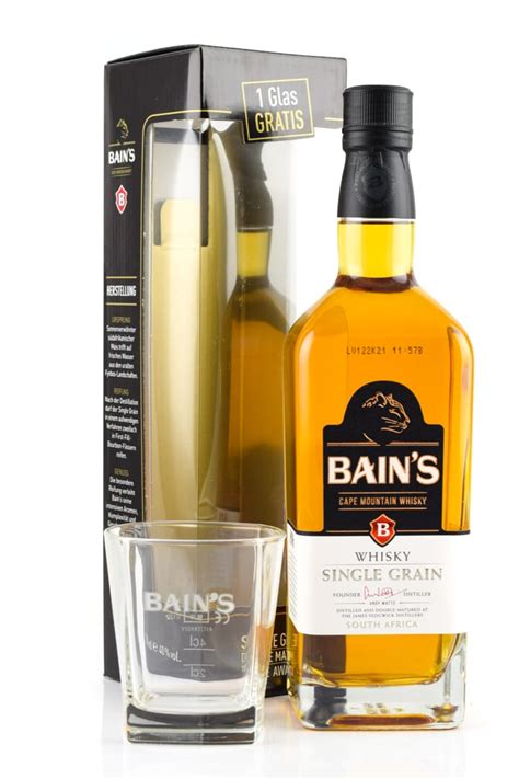 Bains Cape Mountain Single Grain Whisky With Glass At Home Of Malts