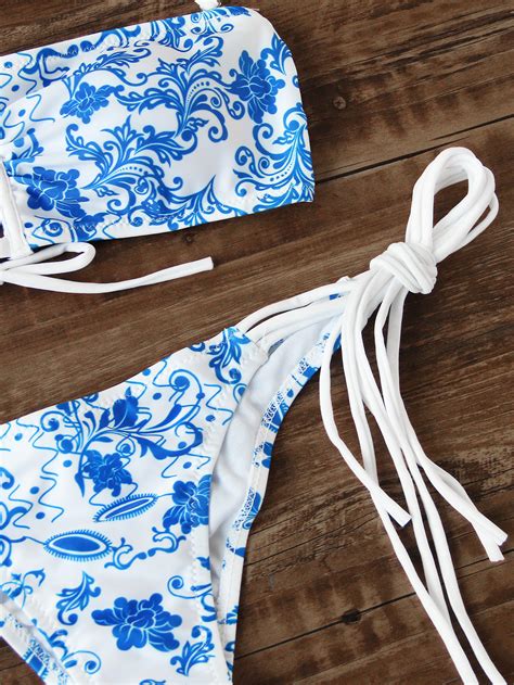 Blue Floral Print Lace Up Strappy Bikini Set Shein Sheinside