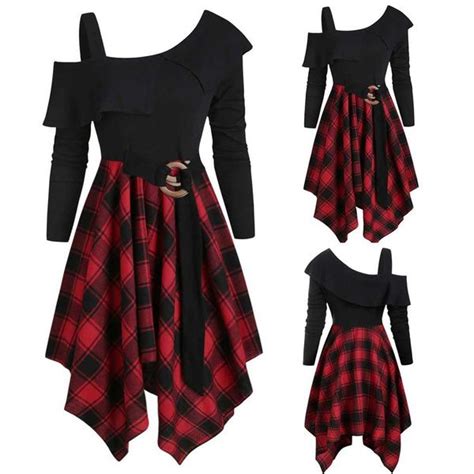 Women Autumn Winter Fashion Plus Size Plaid Skew Neck Belted Long