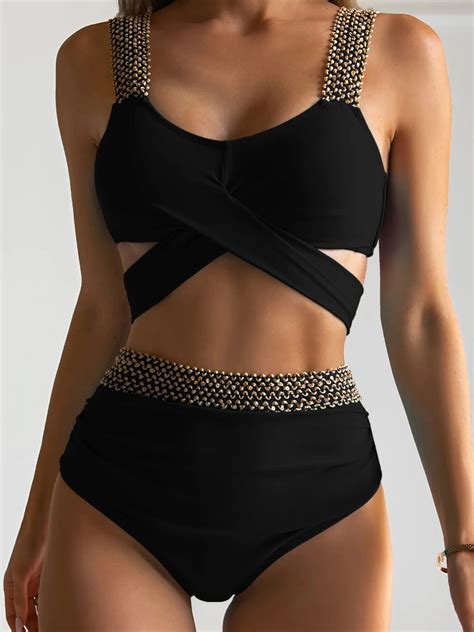 2023 Neue Sexy Quer Hohe Taille Bikini Set Push Up Bademode Frauen Badeanzug Weiblichen Flash