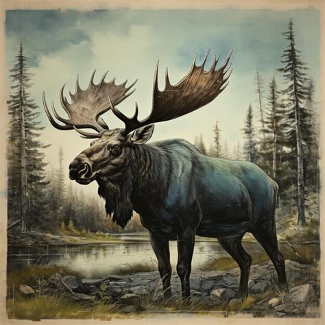 Premium Photo Painting Of A Moose Standing In Front Of A Lake In A