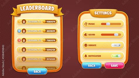 Game Ui Vector Set Leaderboard And Settings Popups And Buttons With