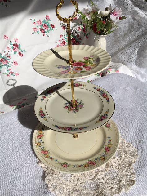 Three Tier Floral Vintage Mismatch Plate Wedding Cake Dessert Etsy