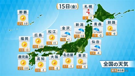 15日の天気 朝晩の冷え込み厳しい 北日本・北陸は雨や雪に（ウェザーマップ）