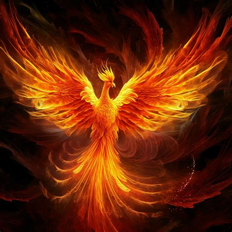 Phoenix bird with outstretched wings rising burning in flames. Epic ...