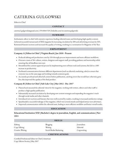 Editor In Chief Resume Cv Example And Writing Guide