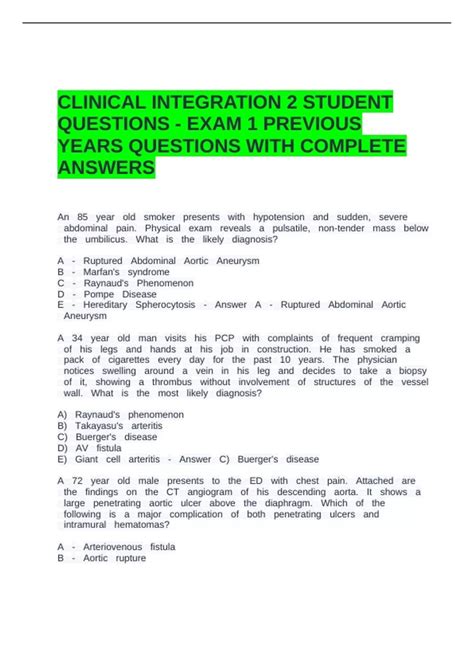 CLINICAL INTEGRATION 2 STUDENT QUESTIONS - EXAM 1 PREVIOUS YEARS