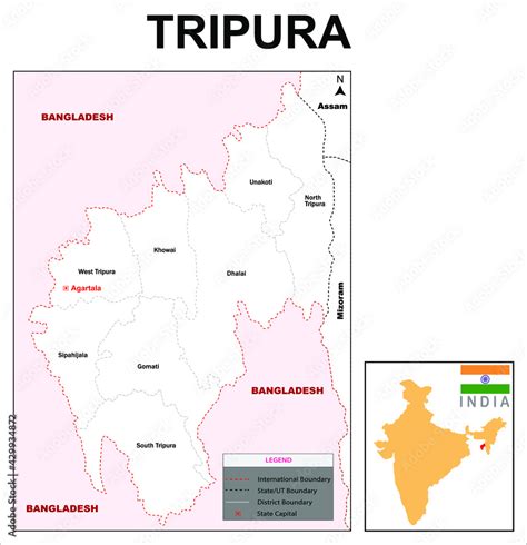 Tripura map. Highlight Tripura map on India map with a boundary line ...