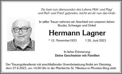 Traueranzeigen Von Hermann Lagner Allg Uer Zeitung