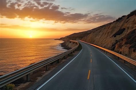 Una Carretera Con Un Atardecer De Fondo Foto Premium