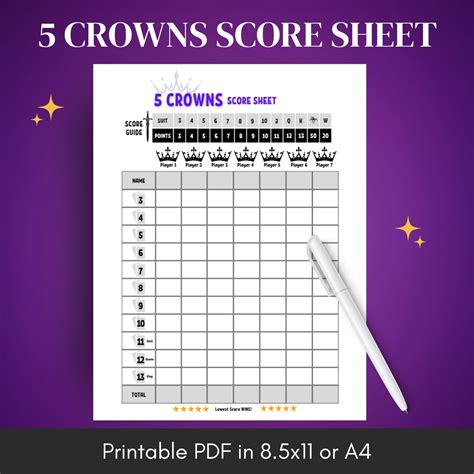 Five Crowns Score Sheet, Printable Score Sheet, Instant Download, 5 ...