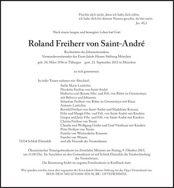 Traueranzeigen von Roland Freiherr von Saint André SZ Gedenken de