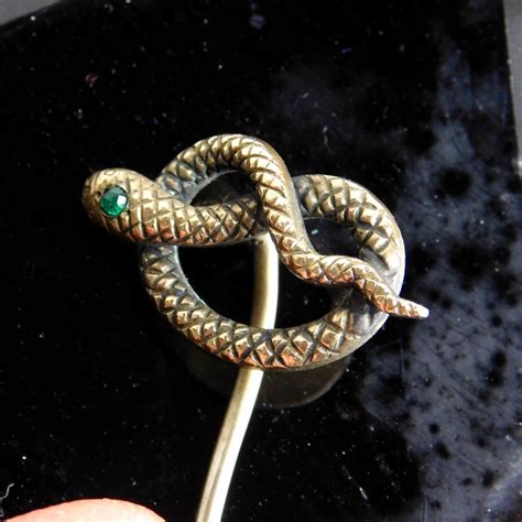 Vintage Goldtone Snake Stick Pin With Green Rhinestone Eye Curled