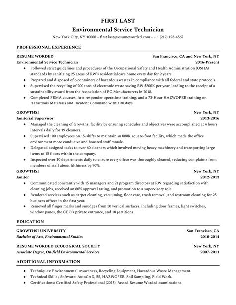 Environmental Service Technician Resume Examples for 2025 | Resume Worded