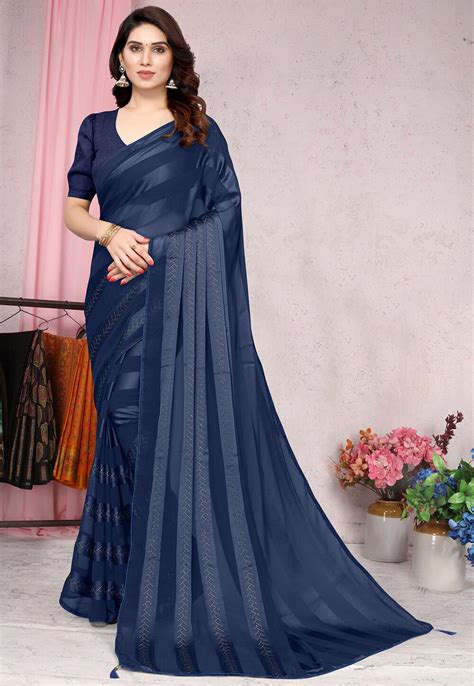 Buy Embellished Georgette Brasso Saree In Navy Blue Online Sjra