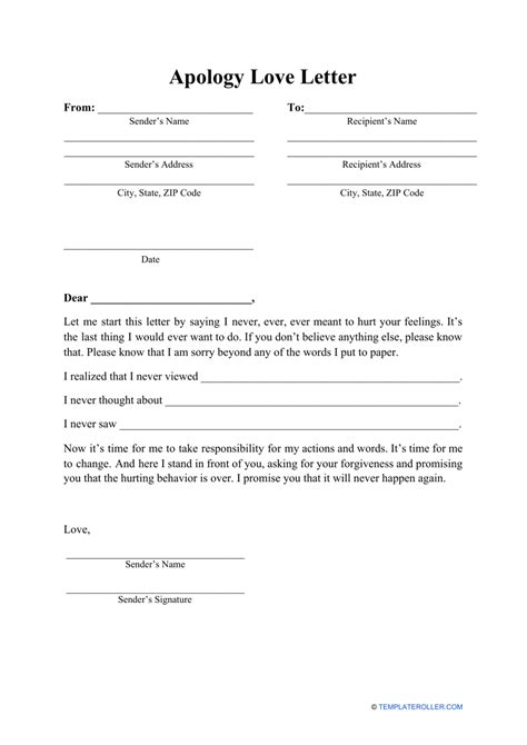 Apology Love Letter Template Download Printable PDF | Templateroller