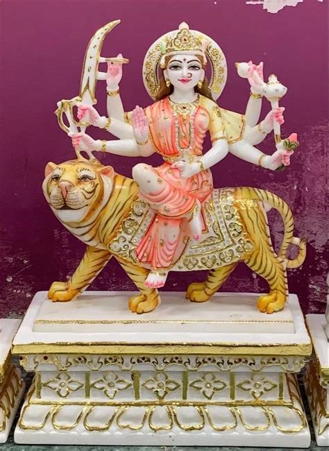 Painted Hindu White Marble Durga Maa Statue For Worship Size