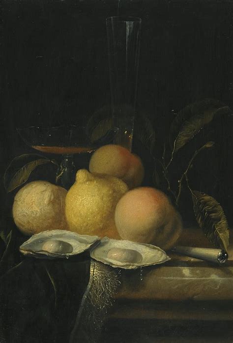 A Still Life With Oysters Peoches And Lemon On A Marble Table With A