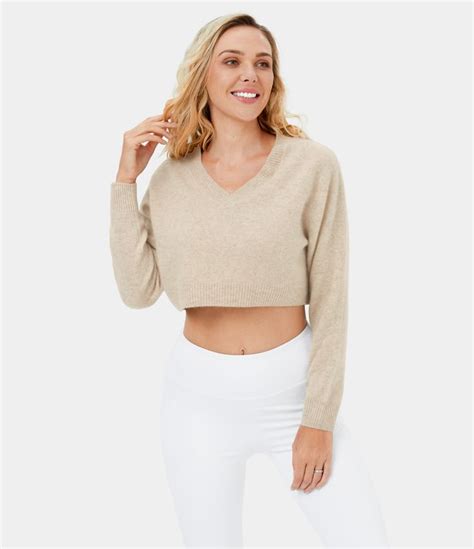 Womens 100 Cashmere V Neck Cropped Sweater Halara