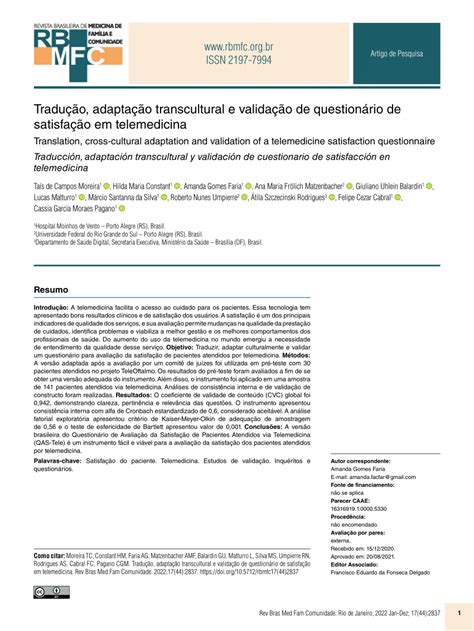 Pdf Tradução Adaptação Transcultural E Validação De Questionário De