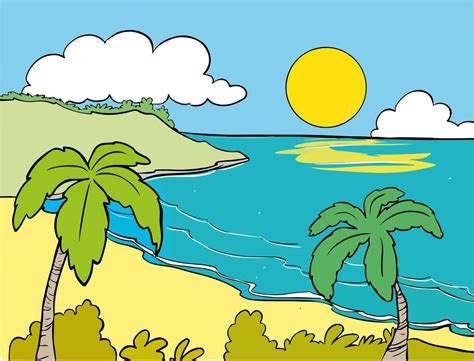 Vector Cartoon Style Background Of Sea Shore Good Sunny Day Cartoon