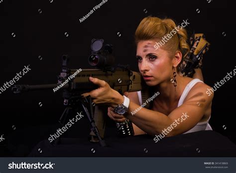 Sexy Blonde Woman Rifle On Studio Stock Photo Edit Now 341418869