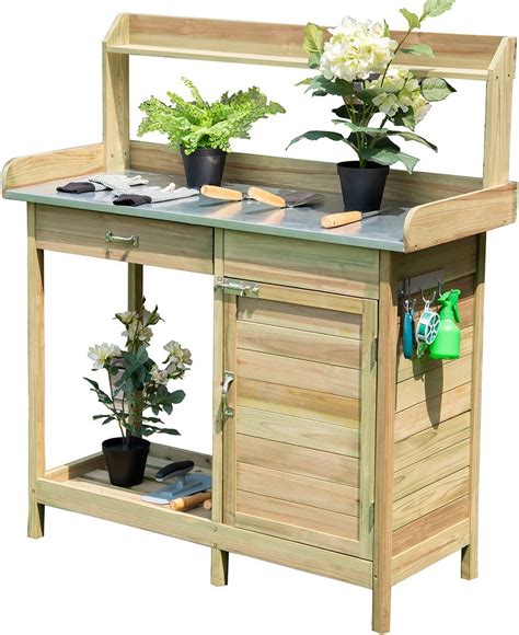 Costway Garden Potting Table Wooden Planting Bench With Cabinet Drawer Shelf And Hook Flower