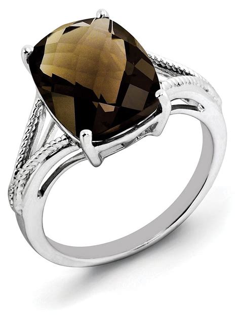 Sterling Silver Checker Cut Smoky Quartz Band Ring Size