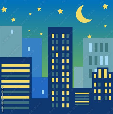 Night city vector flat icon. Isolated moon over the city, cityscape ...