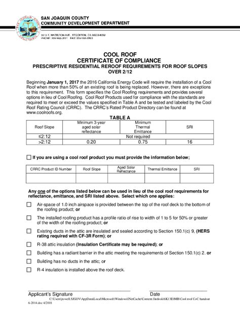 Fillable Online Cool Roof Certificate Of Compliance Prescriptive