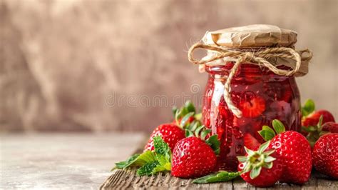 Rustic Jar Of Homemade Strawberry Jam Surrounded By Fresh Strawberries