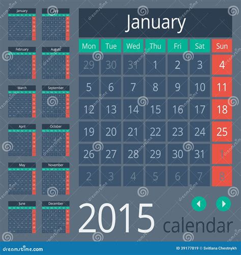 Europeo Simple Calendario Del Vector De 2015 Años Ilustración Del