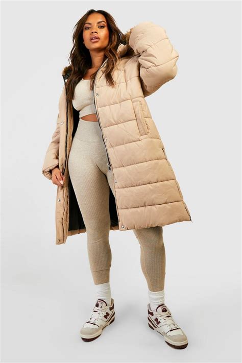 Womens Plus Faux Fur Trim Longline Puffer Jacket Boohoo Uk