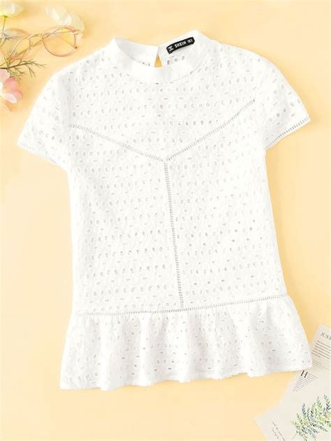 Shein Schiffy Eyelet Mock Neck Peplum Top Peplum Top Top Outfits